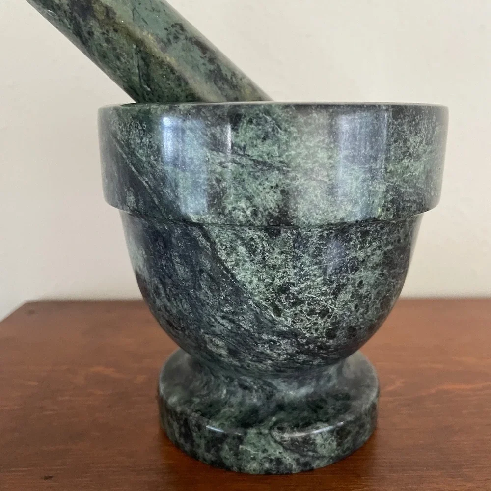 Vintage Natural Green Marble Mortar & Pestle Spice Herb FootedGrinder